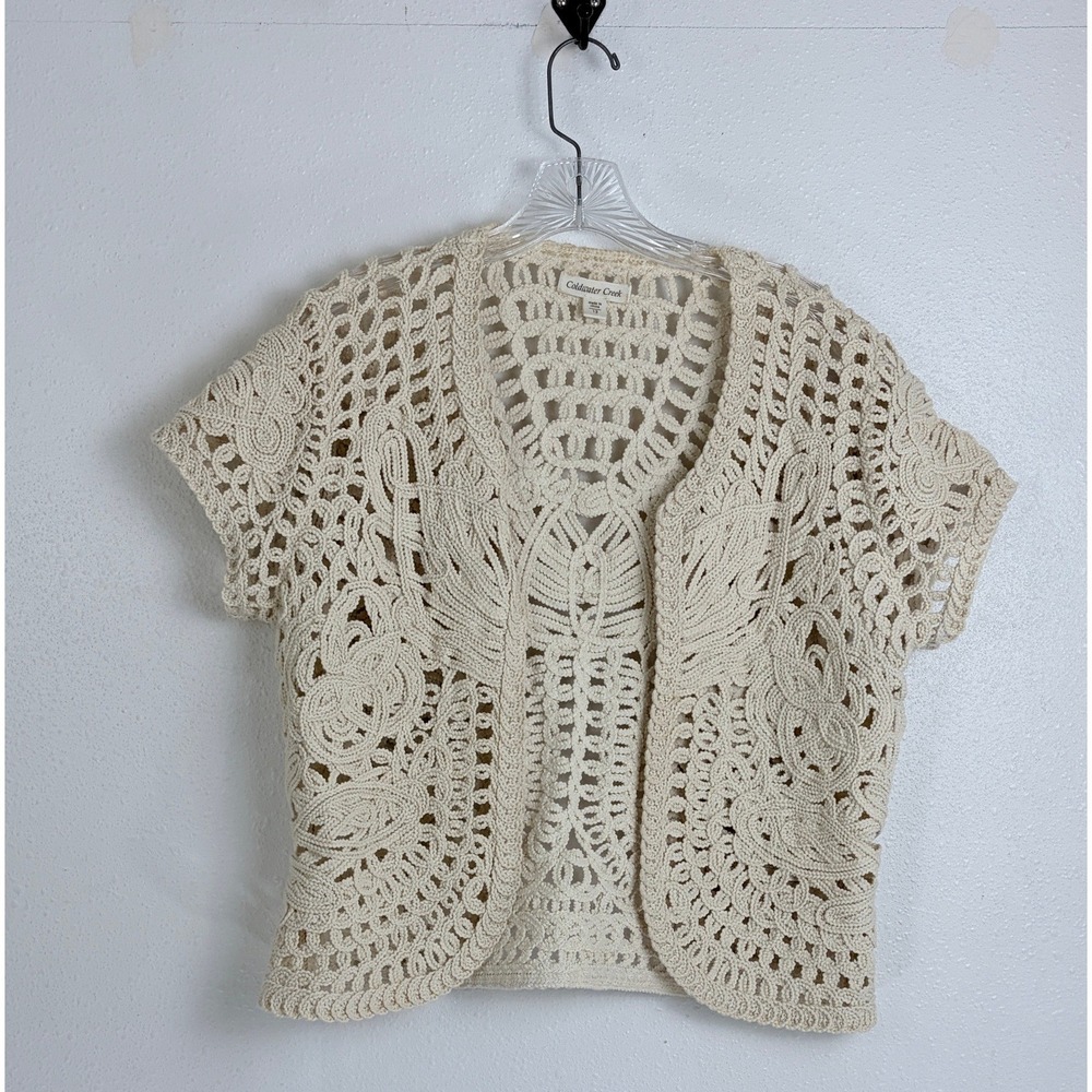 Cream Crochet Short Sleeve Cardigan Bolero Shrug Coldwater Creek 12 Coastal